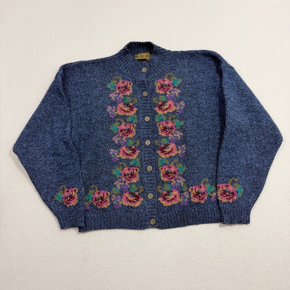 Vintage Eddie Bauer Cardigan Womens Large Floral Vintage 1991 Wool Knit Sweater